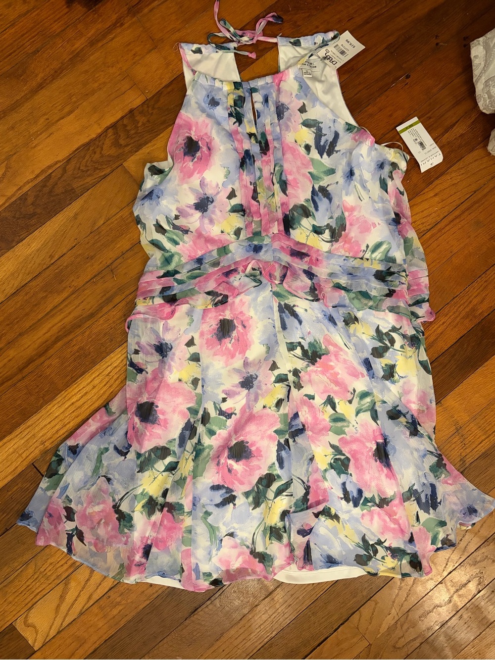 Tahari White Multi Halter Pleat Dress (Tag Image Video) 14 new Floral women cute
